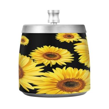 Imagem de JUZIHAI Cinzeiro de flores de girassol com tampa, bandeja de aço inoxidável inodoro cinzeiro à prova de vento sem fumaça para escritório em casa, pátio, varanda, cigarro