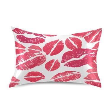 Imagem de Qilmy Fronha de cetim batom vermelho tamanho padrão 50 x 66 cm, capa de almofada de seda refrescante para cabelo e pele, fronha respirável macia com fecho de envelope