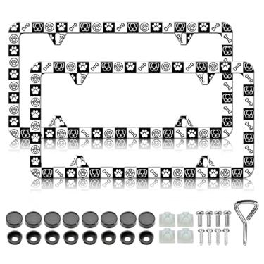 Imagem de Moldura de placa de licença de pata de cachorro - 2 peças de suporte de placa de licença de metal de aço inoxidável padrão de tabuleiro de xadrez de cachorro, à prova de ferrugem, à prova d'água para