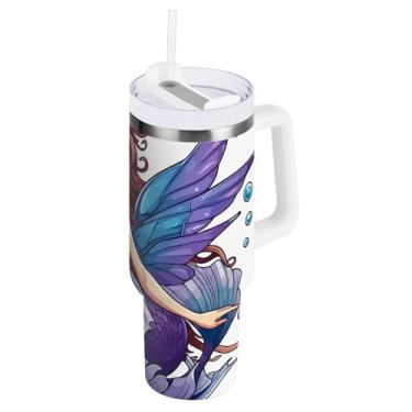 Imagem de Copos isolados de sereia fofos de 1,134 g com alça e palha, copo com isolamento duplo com tampa 2 em 1