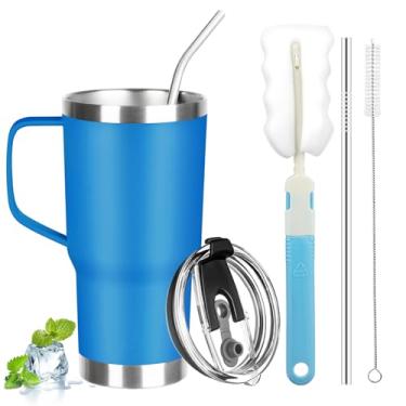 Imagem de GUDEMAO Copo de 590 ml com alça, copo isolado de aço inoxidável com tampa e canudo, caneca de café a vácuo de parede dupla, copo térmico de café isolado para frio e quente (azul marinho)