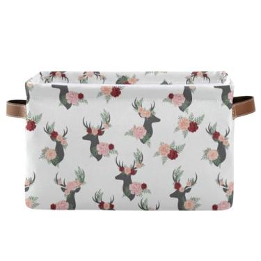 Imagem de Recipientes retangulares dobráveis – cestas decorativas de lona de tecido para banheiro, roupas retrô veado floral branco, 1 pacote