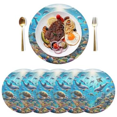 Imagem de Jogo americano Underwater Dolphins Blue Farmhouse, conjunto de 6 tapetes de PVC redondos de 38 cm, tapetes de mesa de cozinha laváveis para festa de Natal