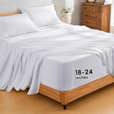 Imagem de SONORO KATE Lençóis de linho 100% puro francês, bolso extra profundo de até 45,7 a 61 cm, lençóis de linho respiráveis e duráveis, lençóis de linho antirrasgo, lavável na máquina - 4 peças (branco
