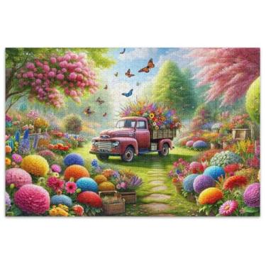 Imagem de Quebra-cabeças de caminhão de jardim com flores para adultos, 1000 peças, divertidos e rígidos para adultos, decoração de arte