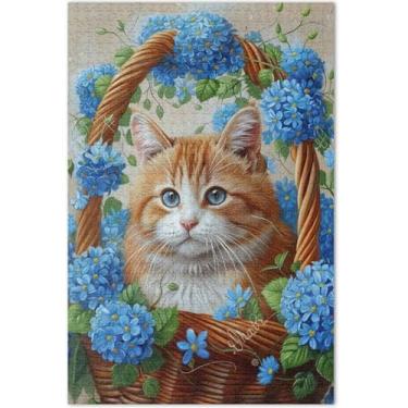 Imagem de Quebra-cabeça de flores com pintura de gato fofo para adultos, 1000 peças, engraçado, engraçado, jogo de quebra-cabeça, natureza, cenário, floral