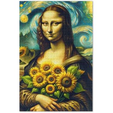 Imagem de Quebra-cabeça Mona Lisa Girassol Noite Estrelada 500 Peças Quebra-cabeça Adultos Família Brinquedo Arte Grande Quebra-cabeça Branco Elefante Presentes de Festa 50,5 x 14,9 polegadas