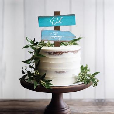 Imagem de Party to Be Rustic Blue Oh Boy Cake Topper in Wood Baby Shower Gender Reveal Party Cake Decoration