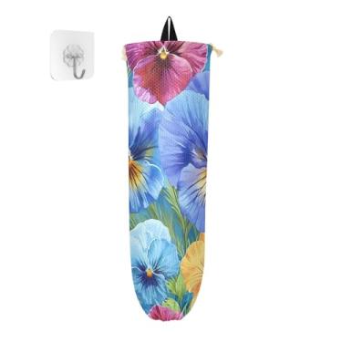Imagem de Dispensador de saco de compras de flores de amor-perfeito aquarela, suporte de saco de plástico para armário, recipiente de armazenamento de sacola de compras
