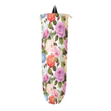 Imagem de Suporte de sacola de compras floral rosa aquarela, organizador de sacolas de cozinha, suporte de sacola de compras para sacolas plásticas
