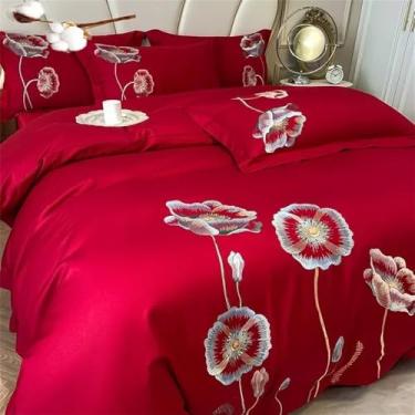 Imagem de Jogo de cama de algodão com bordado, capa de edredom dupla, lençol de algodão puro com ou sem elástico e fronhas, vermelho, tamanho king (4 peças).