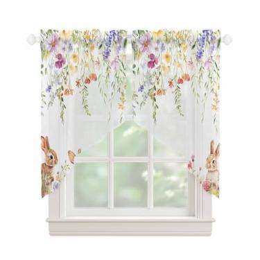 Imagem de Cortinas de saia semitransparentes florais para janelas coelhinho primavera semitransparentes flores silvestres coloridas voile swags topper cortina para cozinha, sala de estar, quarto, 2 painéis, 91