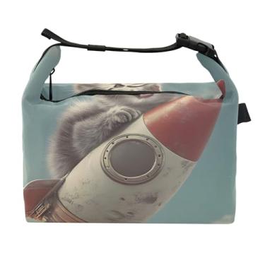 Imagem de TSENQUE Lancheira feminina cinza foguete gato engraçado animal isolado para trabalho reutilizável trabalho lancheira com alça de ombro ajustável