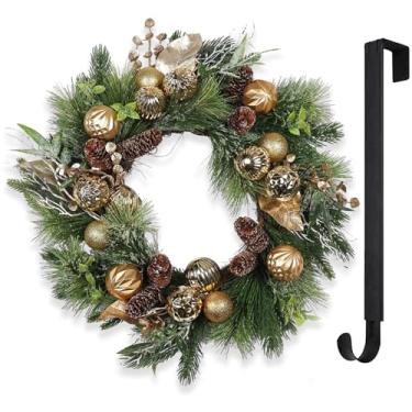 Imagem de YUGALI Guirlandas de Natal pré-iluminadas de 61 cm para porta da frente com gancho ajustável, bola dourada, agulhas de pinheiro, pinhas e folhas de magnólia brilhante eucalipto, guirlanda de Natal de