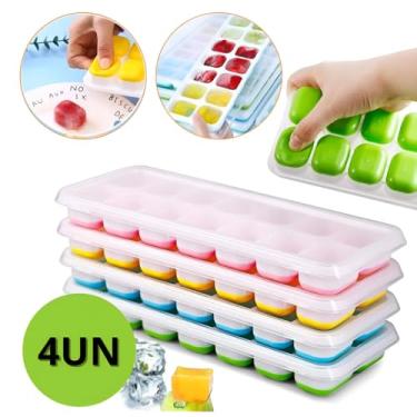 Imagem de Kit 4 Unidades Forma Com Tampa Gelo Ice Flexivel Forminha Fundo Silicone 14 Cubos Alimentos Frutas Papinha