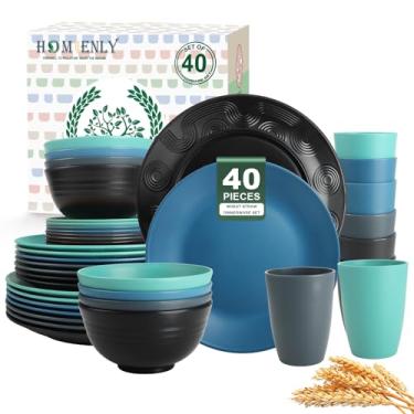 Imagem de Homienly Conjunto de 40 peças de louça premium de palha de trigo, conjunto de pratos e tigelas inquebráveis reutilizáveis, conjuntos de copos, serviço para 8, conjunto de pratos seguros para