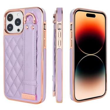 Imagem de IRTGFG Capa de couro bordada de luxo para iPhone 16 Pro, alça de pulso, capa para celular com suporte de anel (para iPhone 16 Pro/roxo)