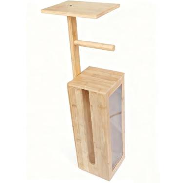 Imagem de Suporte de papel higiênico de bambu – Suporte de armazenamento, comporta 3 rolos de armazenamento de papel higiênico com tampa, com suporte de papel higiênico e prateleira superior para cozinha, vaso