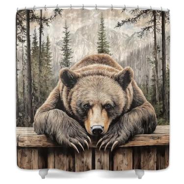 Imagem de DYNH Cortina de chuveiro de urso, cortina de banheira de floresta de montanha do país ocidental, vintage rústica cabana de caça com animais selvagens, decoração de banheiro com ganchos, 169 x 170 cm