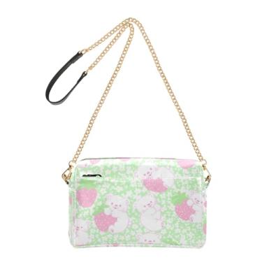 Imagem de Joitme Bolsa de ombro feminina transversal para celular, ursos, morangos, alça de corrente verde, bolsa de ombro de couro PU