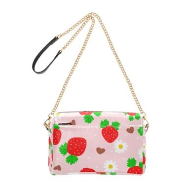 Imagem de Joitme Bolsa feminina tiracolo bolsa para celular bolsa de ombro de couro PU com alça de corrente fofa vermelha morangos rosa