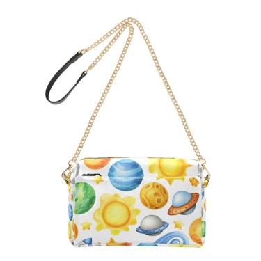Imagem de Cute Space Planets Bolsa feminina de couro PU com alça de corrente para celular