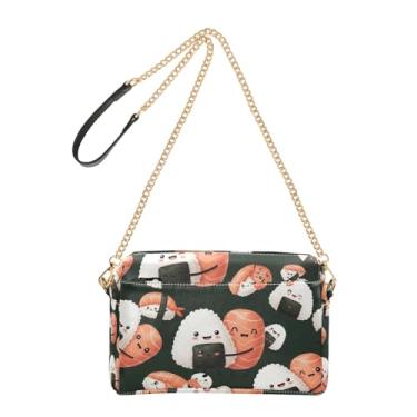 Imagem de Joitme Bolsa tiracolo feminina fofa de couro sintético com alça de corrente para celular preta de sushi salmão