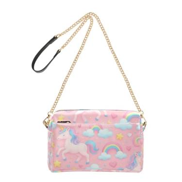 Imagem de Joitme Bolsa de ombro feminina transversal para celular bolsa de ombro alça de corrente de couro PU bolsa de ombro fofa unicórnio arco-íris rosa