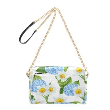 Imagem de Joitme Bolsas transversais femininas arte azul hortênsias bolsa branca para celular bolsa de couro PU bolsa de ombro alça de corrente