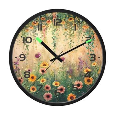 Imagem de SEHANY Relógio de parede vintage com flores de videira silencioso, sem tique-taque, relógio redondo operado por bateria, controle de som, luz noturna, relógios de parede para sala de estar, cozinha