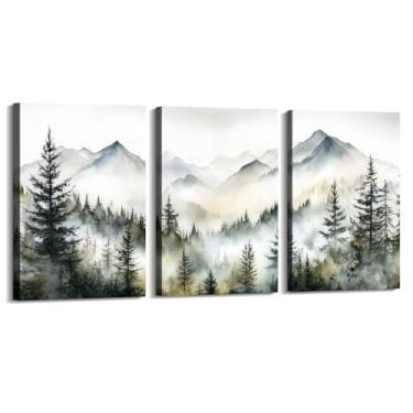 Imagem de 3 peças de arte de parede floresta nebulosa impressão aquarela montanha decoração de parede paisagem natureza árvore abstrata pintura moderna para sala de estar (SKU3-3PCS, 28x35.6 cm), emoldurado