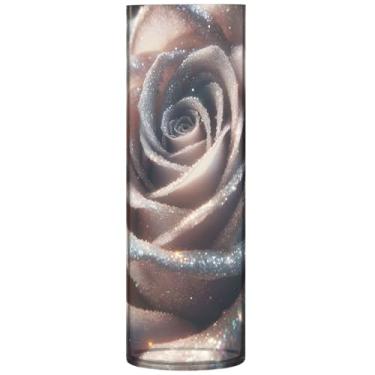 Imagem de Vaso central de cilindro com glitter de flor de rosa para mesa, vasos de plástico e plantadores, decoração de casa exclusiva, estética, 30 x 9,9 cm