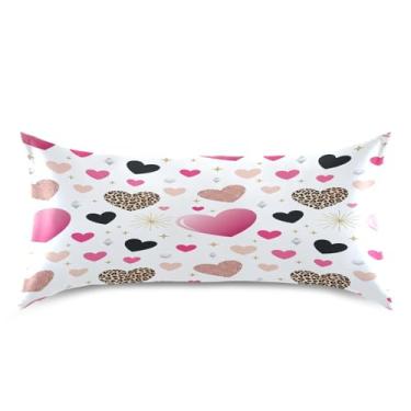 Imagem de Blueangle Fronha de cetim refrescante para cabelo e pele, fronha de travesseiro de leopardo com corações pequenos, tamanho king 50,8 x 101,6 cm com fecho de envelope (624)