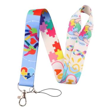 Imagem de Cordões para crachás de identificação, cordão de pescoço de conscientização do autismo para chaves com gancho de metal para mulheres, alça longa fofa para chaveiro