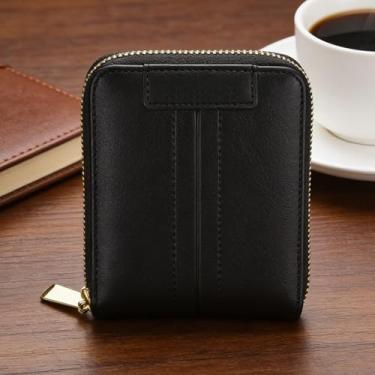 Imagem de Carteira masculina de couro curta com zíper, carteira preta elegante e funcional (preto)