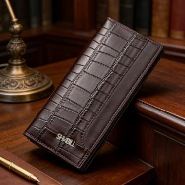 Imagem de Carteira masculina, carteira de couro longo ultra fina em relevo de crocodilo de luxo, organizador casual de grande capacidade com bloqueio RFID (marrom escuro)