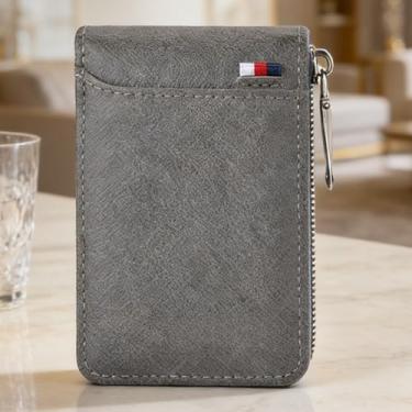 Imagem de Carteira masculina de couro curta com zíper, organizador de couro cinza moderno (cinza)