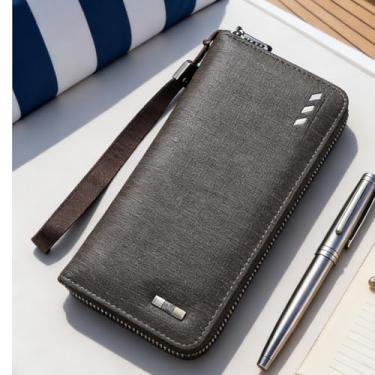 Imagem de Carteira masculina, carteira de couro longo retrô com zíper para homens jovens, design adequado para estudantes com bloqueio RFID e vários compartimentos para cartões (marrom claro)