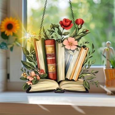 Imagem de Acrílico colorido, apanhador de sol estilo vitral impresso com flores de livro, com reflexos de arco-íris, arte de parede para decoração de janela suspensa, ornamentos de primavera para uso interno e