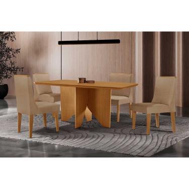 Imagem de Sala Jantar Mesa Nevada Tampo Curvo 120cm+4 Cadeiras Dakota Madeira Naturale - Capuccino/Linho Bege - Rufato