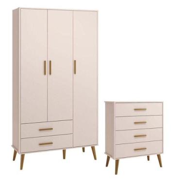 Imagem de Cômoda Gaveteiro E Guarda Roupa Infantil 3 Portas Isis Rosa Acetinado 