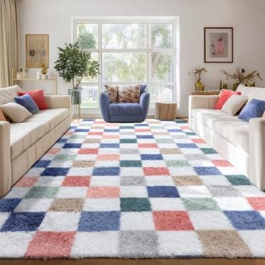 Imagem de KICMOR Tapetes de área de 15 x 23 cm para sala de estar, grande, fofo, macio, colorido, xadrez, felpudo, para quarto de dormir, decoração de casa, estética