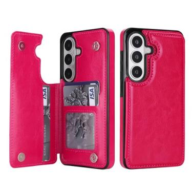 Imagem de Capa carteira para Samsung Galaxy S26, capa fina de couro com compartimentos para cartões e fecho magnético, recurso de suporte, capa protetora de TPU para uso diário, negócios e viagens (rosa choque)