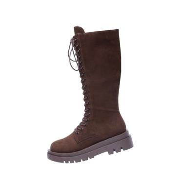 Imagem de Botas femininas de cano alto com cadarço plus size outono inverno moderno moderno moderno calçado de equitação britânico, Café, 39