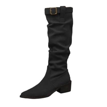 Imagem de Botas femininas casuais, modernas, lisas, de bico fino, plissadas, folgadas, de inverno, com fivela de cinto, botas altas de camurça, Preto, 34