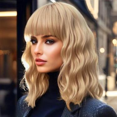 Imagem de Peruca AGO Blonde Bob Wavy com franja 35 cm de cabelo sintético