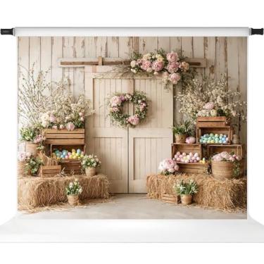 Imagem de Kate Pano de fundo de Páscoa para sessão de fotos flores de primavera porta de celeiro de madeira ovos coloridos adereços de faixa de festa, 3 x 2,4 m