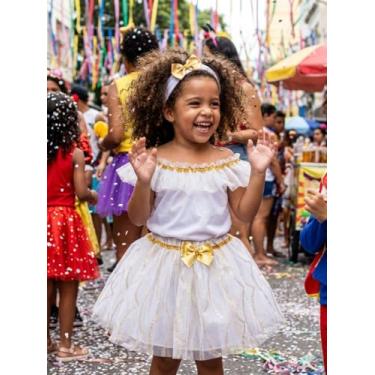 Imagem de Fantasia baiana Infantil Branca/com Dourado, roupa de Festa para Meninas, Traje de Carnaval com Headband, Roupa Temática para Eventos - Tam G 8 anos