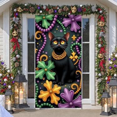Imagem de Decoração de porta de carnaval preto gato carnaval pendurado contas de gatinho flor de lis, decoração de porta da frente para casa, interior, exterior, baile de máscaras, festa de aniversário