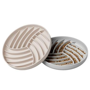 Imagem de Slowpaw Tigelas de alimentação lenta de silicone para cães e gatos – Comida úmida, ventosas, interativas, reduz o tédio, a ansiedade, antiasfixia, design antiderrapante (cinza e bege)